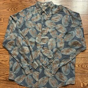 Mabitex ITALIAN made men’s linen button downs shirt casual abstract birds L